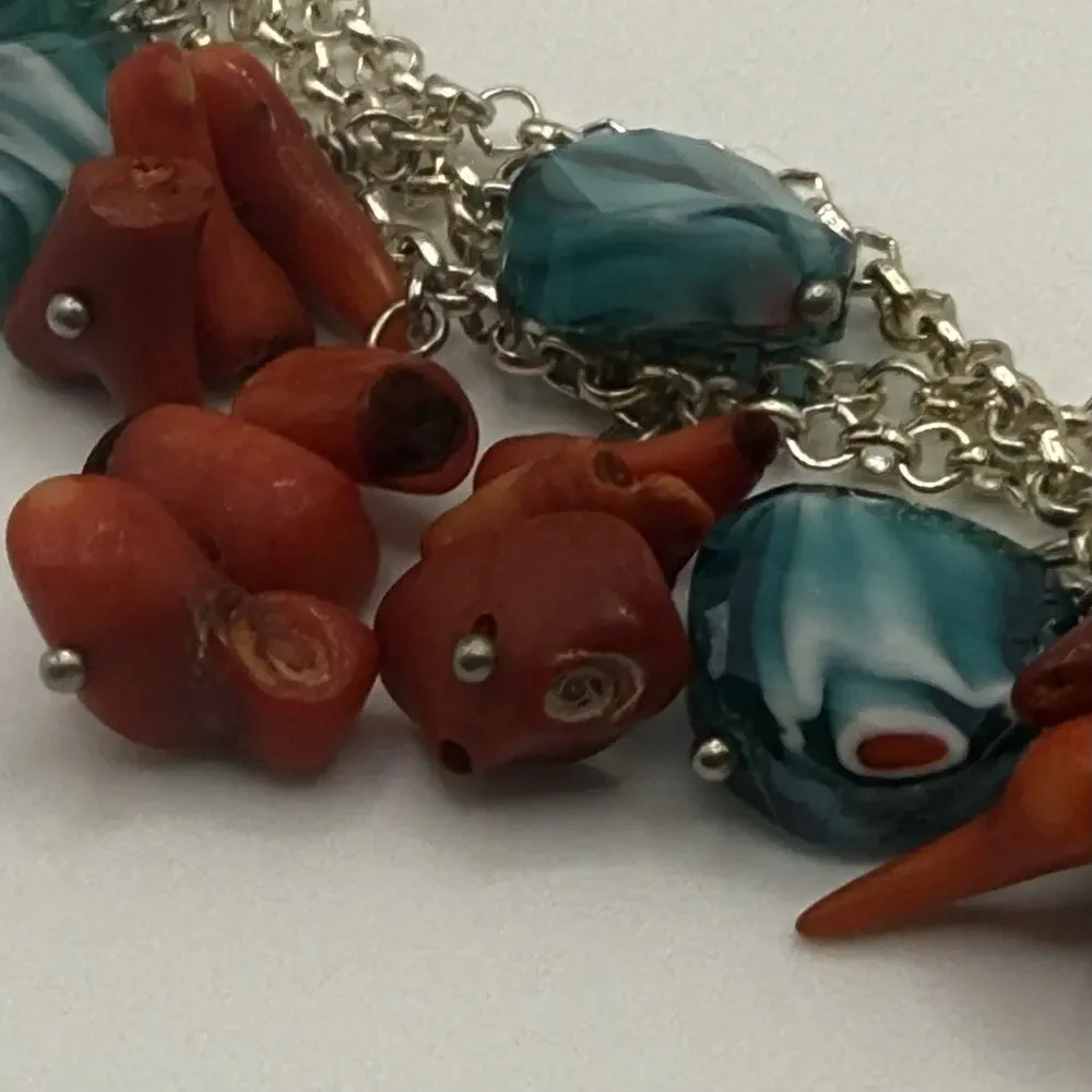 Red Coral Artisan Glass Bracelet Silver Tone Dangle‎ Triple Strand 8.25”